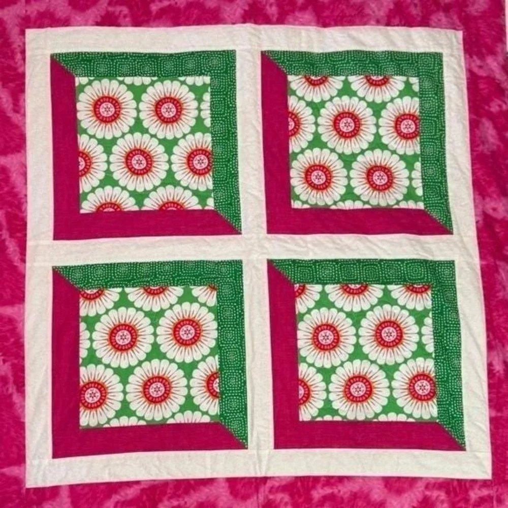 Handmade Patchwork Quilt Bright Pink Green White Floral Boho Cottage 58